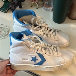 Converse White and Light Blue High-Top Pro Leather Sneakers